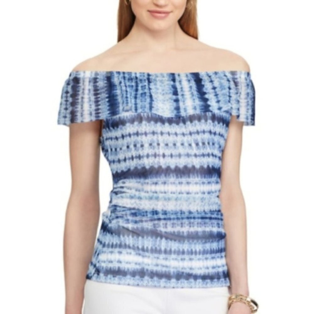 Chaps Womens Blue White Off Shoulder Mesh Lightweight Top Plus Sz 2X New